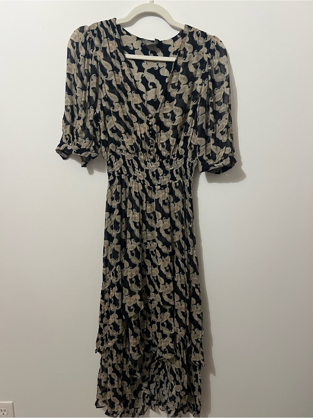 The Kooples Black and Cream Patterned Midi Dress